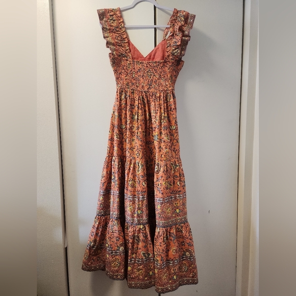 Scandi girl Dreamy Caroline Constas Coral Smocked Tier Maxi Nap Dress Small - Picture 4 of 6